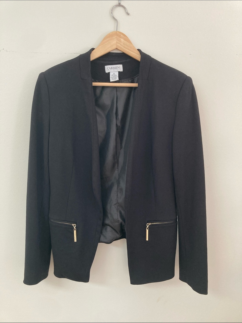 Carmen Marc Valvo Black Open-Front Blazer with Gold Zipper Accents